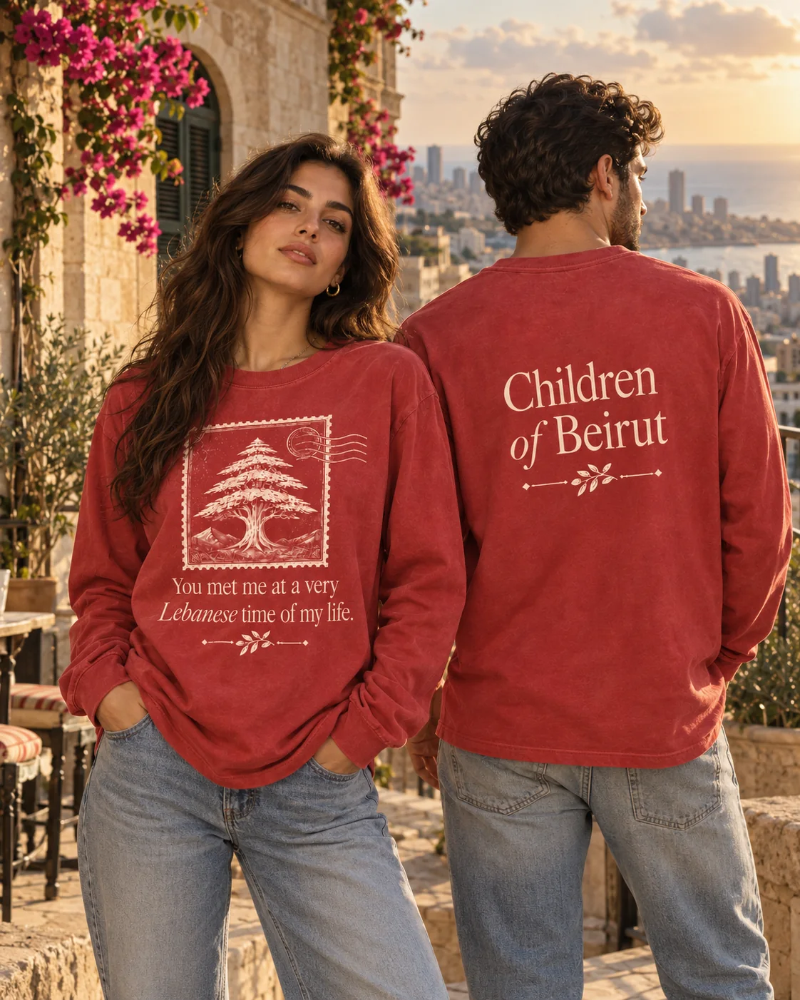 Two models wearing the Beirut Kin Children of Beirut long sleeve in Beirut